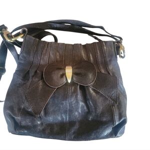 Vera Pelle Vintage Dark Brown Soft Leather Bow Crossbody Shoulder Handbag